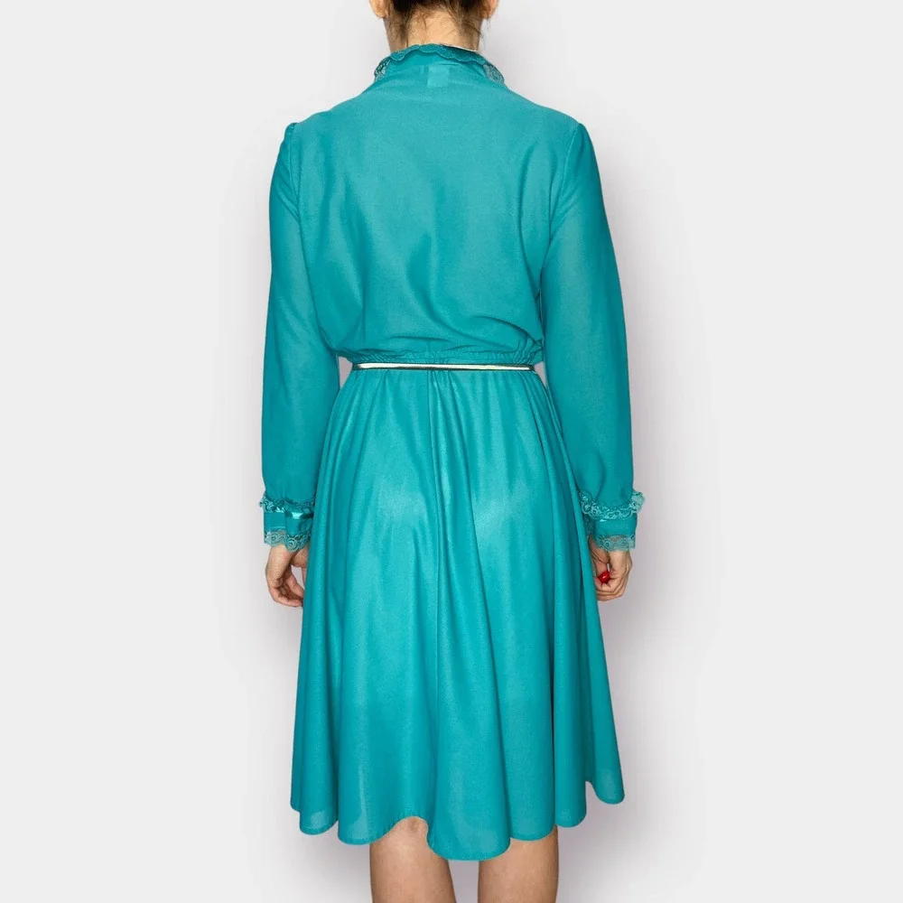 80s Jane Baar Teal Day‎ Dress with Lace Trim